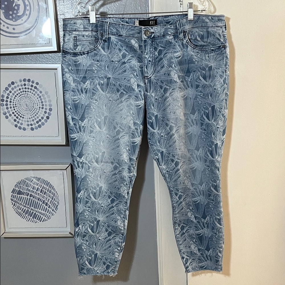 Kut from the Kloth Womens Light Blue Palm Leaf Print Raw Hem Ankle Jeans Size 16